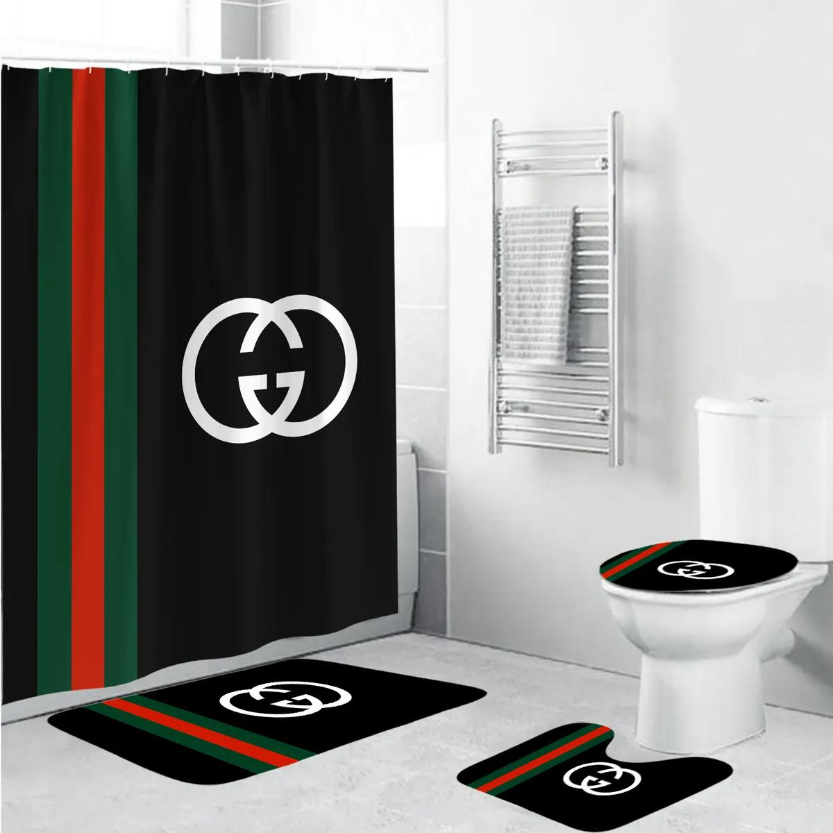 Gucci black fashion luxury brand premium bathroom set & shower curtain home decor 5 Bathroom Accessory Sets