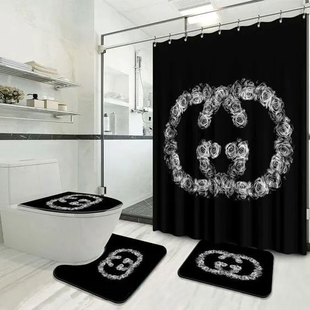 Gucci black flower hypebeast luxury fashion brand home decor bathroom sets bath mat Bathroom Set