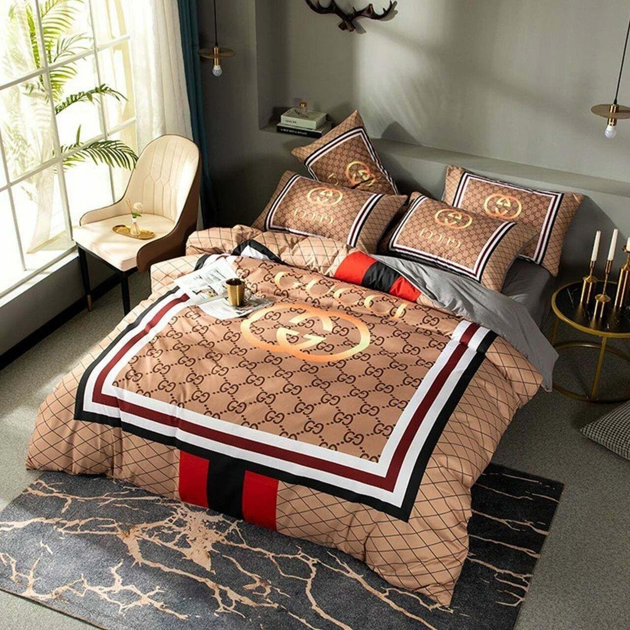 Gucci brown luxury brand high-end bedding set home decor ht Bedding Sets