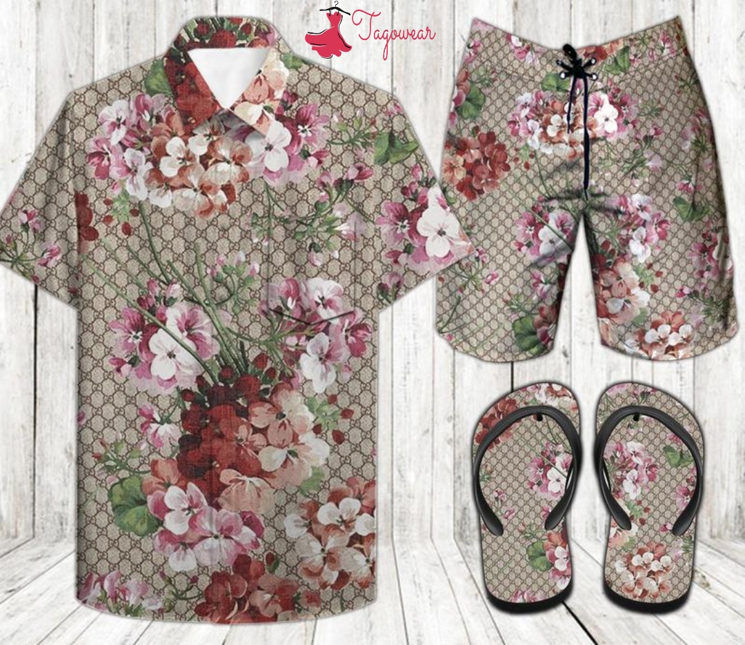 Gucci combo hawaiian shirt, beach shorts flip flops luxury summer clothes style #108 Hawaii Shirt Shorts & Flip Flops