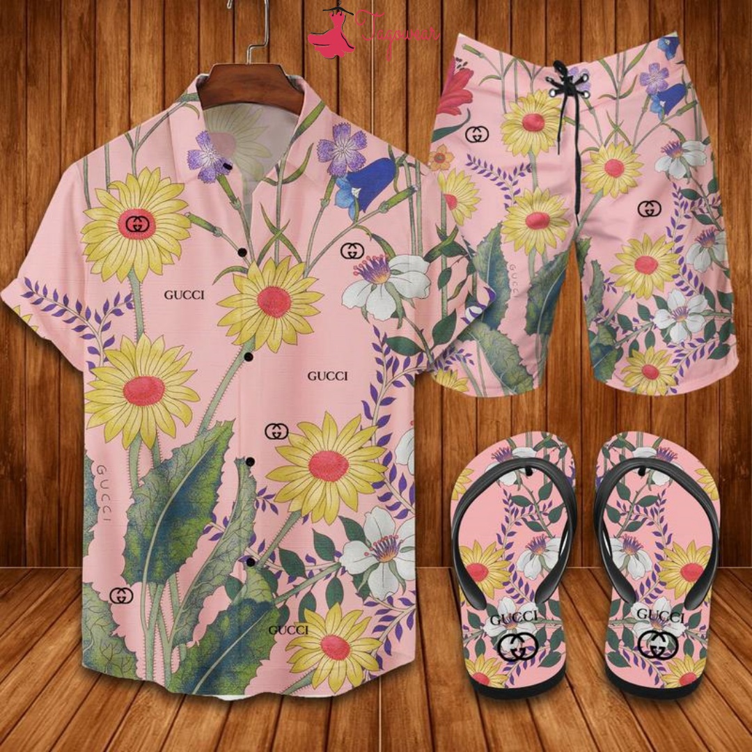 Gucci flip flops and combo hawaiian shirt, beach shorts luxury summer clothes style #255 Hawaii Shirt Shorts & Flip Flops