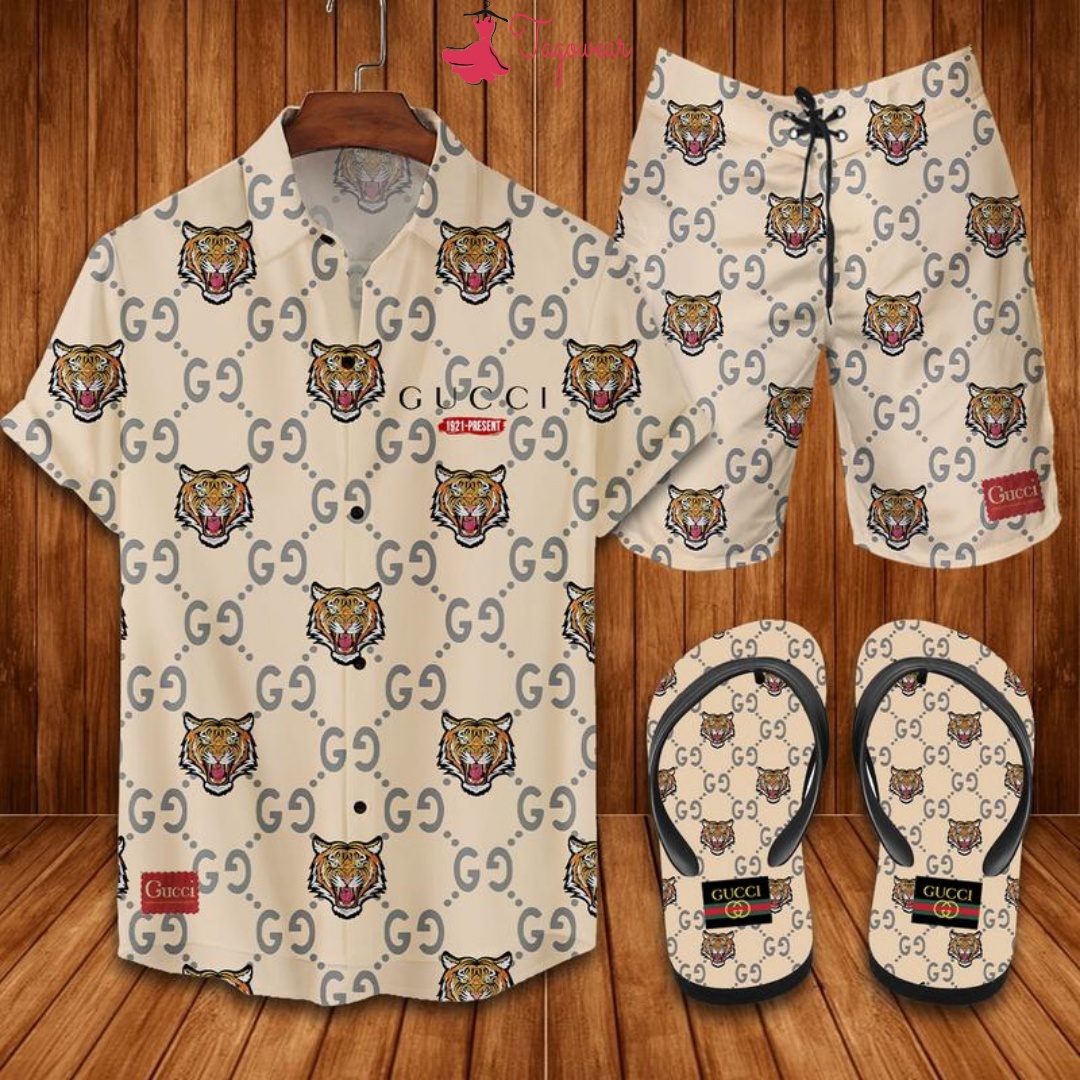 Gucci flip flops and combo hawaiian shirt, beach shorts luxury summer clothes style #446 Hawaii Shirt Shorts & Flip Flops