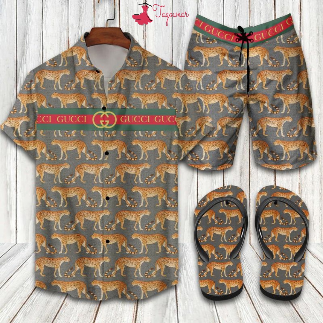 Gucci flip flops and combo hawaiian shirt, beach shorts luxury summer clothes style #450 Hawaii Shirt Shorts & Flip Flops