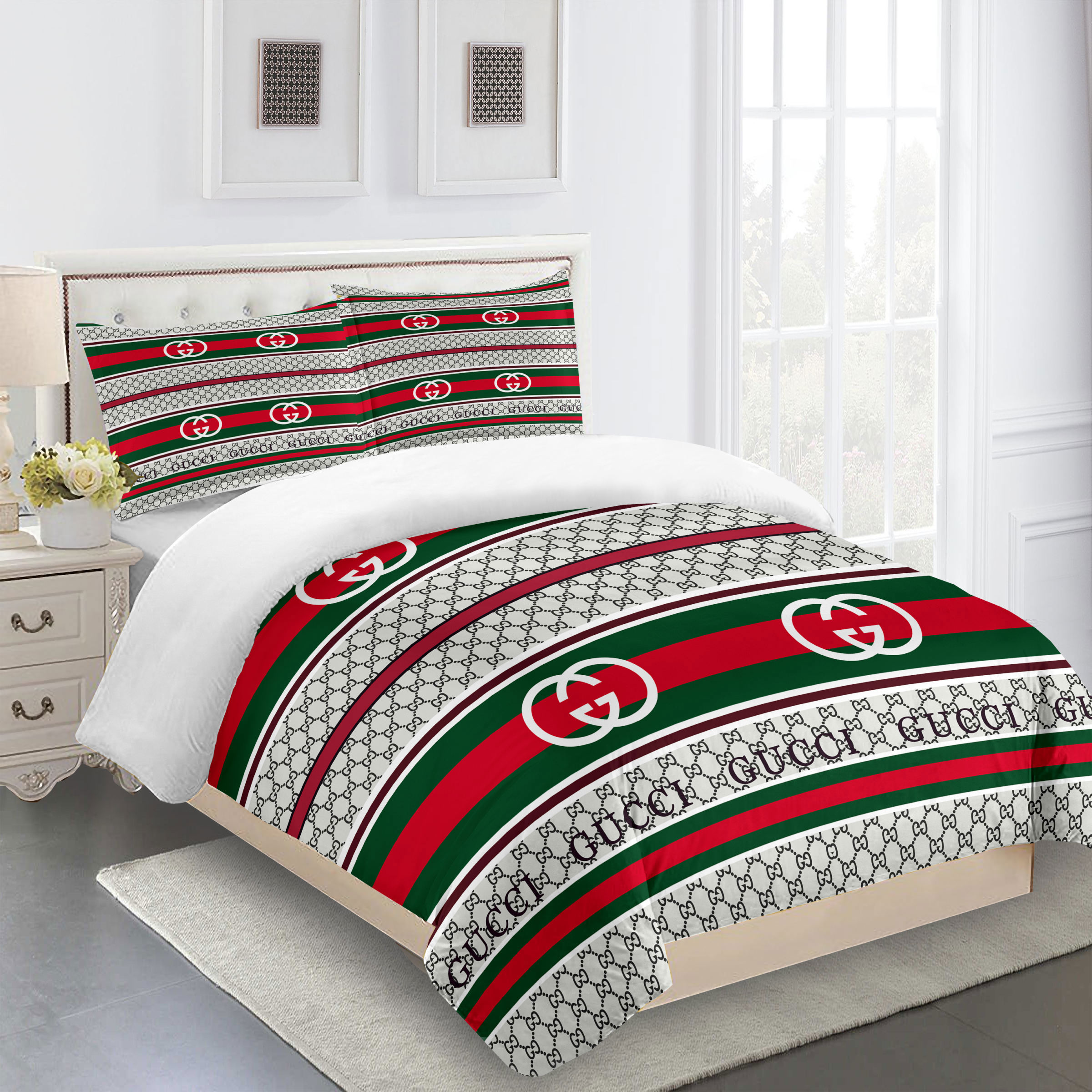 Gucci italy white stripe logo type 2349 Bedding Sets bedclothes blankets duvet bed linen luxury ideas home decor sheets covers premium fashion brand bedspread hyperbeast Bedroom