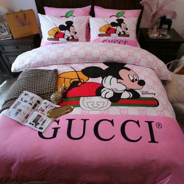 Gucci mickey mouse disney luxury brand bedding sets bedspread duvet cover set, bedroom decor , thanksgiving decorations for home best luxury bed sets gift thankgivings and christmas Bedding Sets