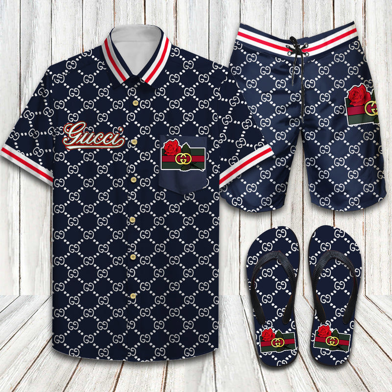 Gucci rose navy logo pattern luxury brand hawaiian shirt shorts and flip flops combo Hawaii Shirt Shorts & Flip Flops