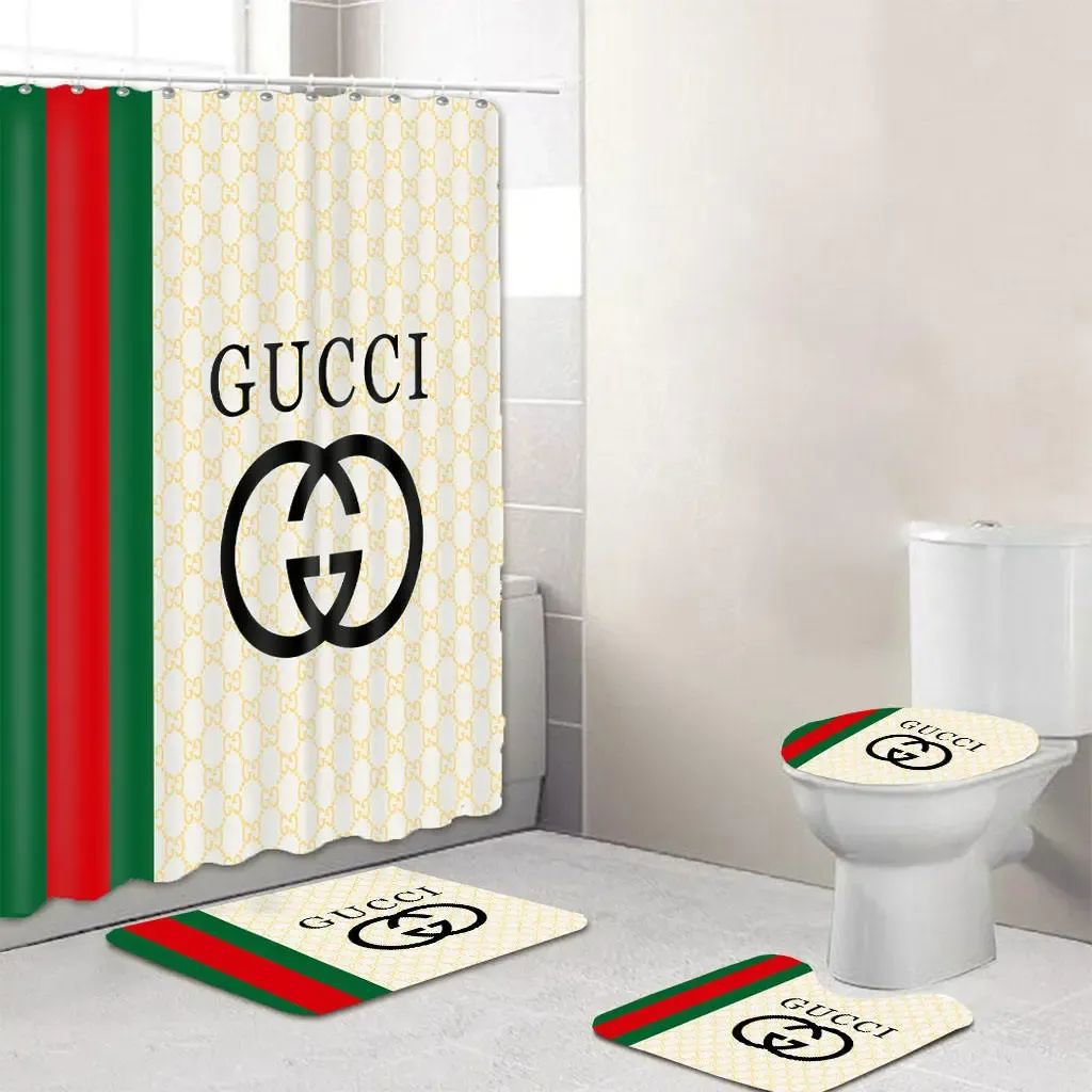 Gucci stripe logo type 1987 Bathroom Accessory Sets Waterproof Shower Curtain Luxury Fashion Brand Bathroom Sets Toilet Cover Pedestal Rug Bath Mat Set Hypebeast Bathroom Home Decor