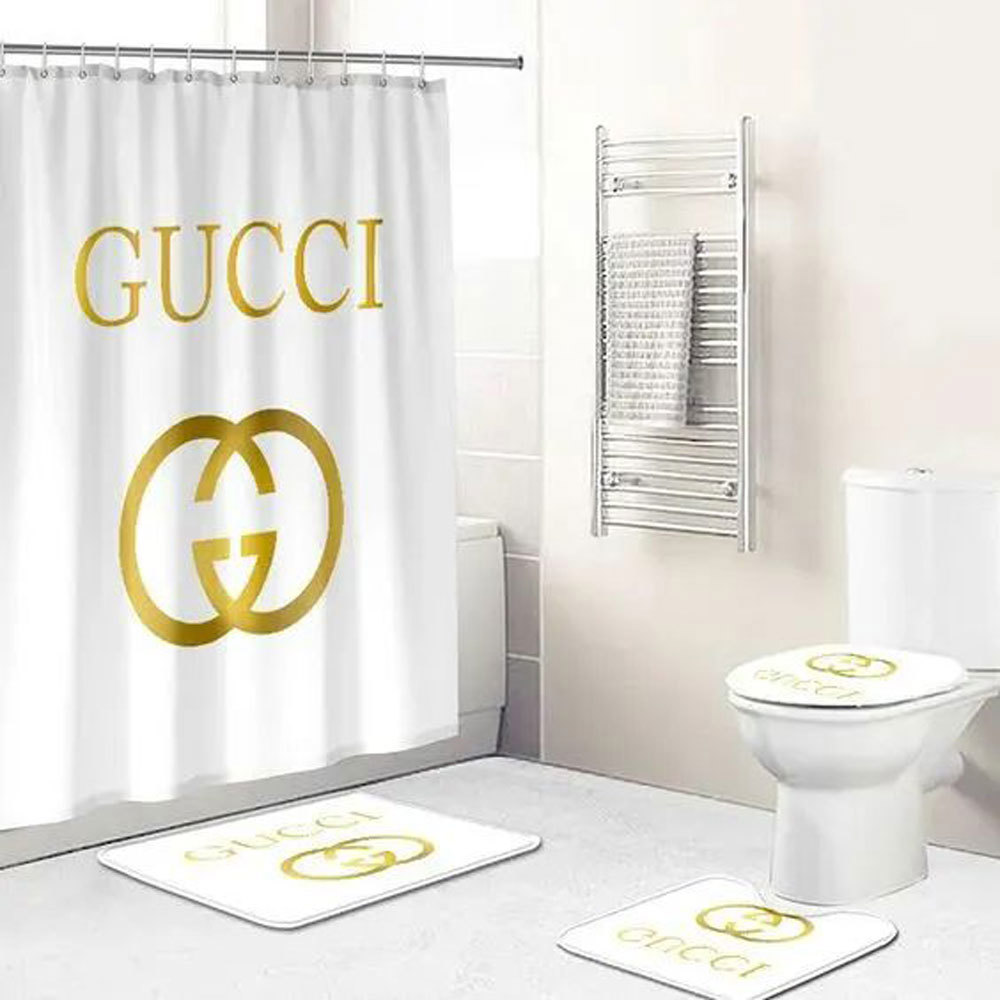 Gucci white logo type 1720 Bathroom Accessory Sets Hypebeast Bathroom Luxury Fashion Brand Home Decor Toilet Cover Pedestal Rug Waterproof Shower Curtain Bath Mat Set Bathroom Sets