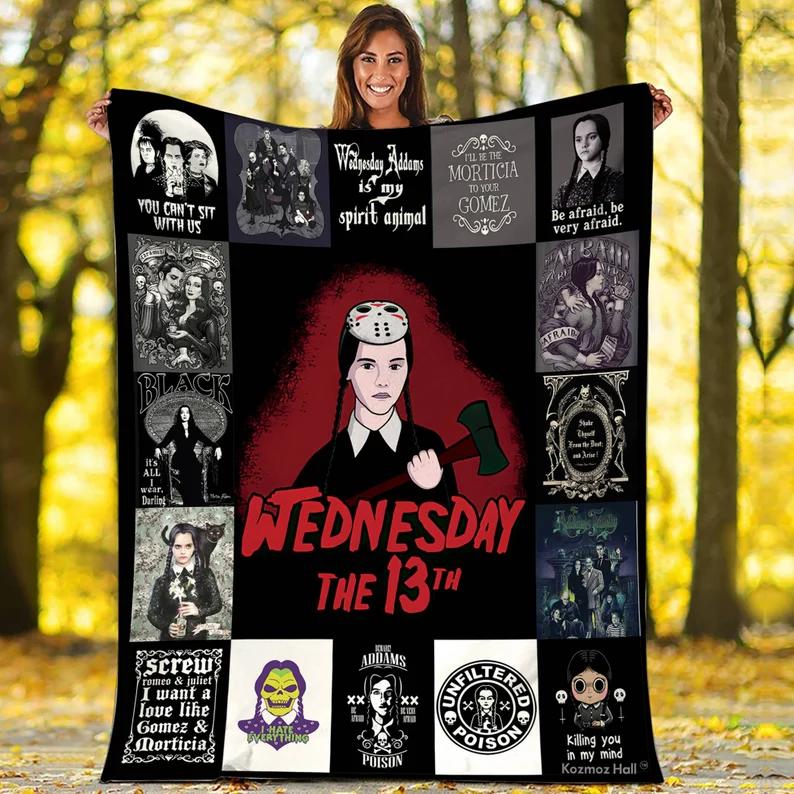 Halloween decorations addams family fleece blanket, wednesday addams blanket, wednesday the 13th blanket, horror movie blanket, halloween gifts, christmas gifts Quilt Blanket