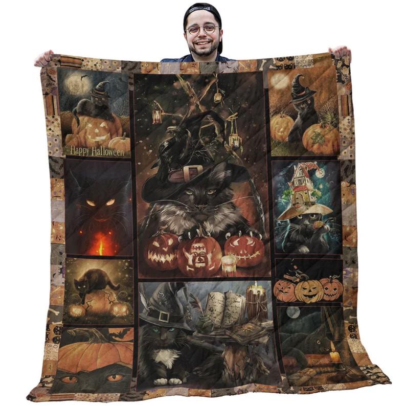 Halloween decorations cat pumpkin vintage halloween gift quilt blanket Quilt Blanket