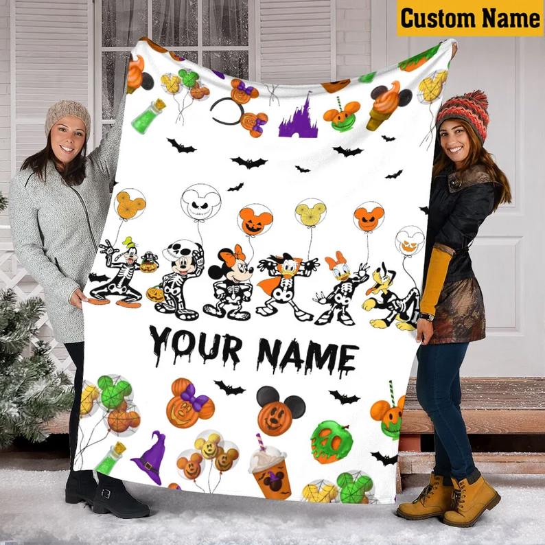 Halloween decorations custom name halloween blanket, mickey and friends halloween blanket, mickey skeleton characters halloween blanket, pumpkin pattern blanket Quilt Blanket