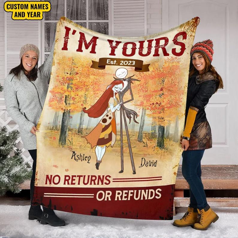 Halloween decorations fall season jack skellington and sally blanket, custom name and year blanket, i'm your no return, thanksgiving blanket,fall autumn halloween Quilt Blanket