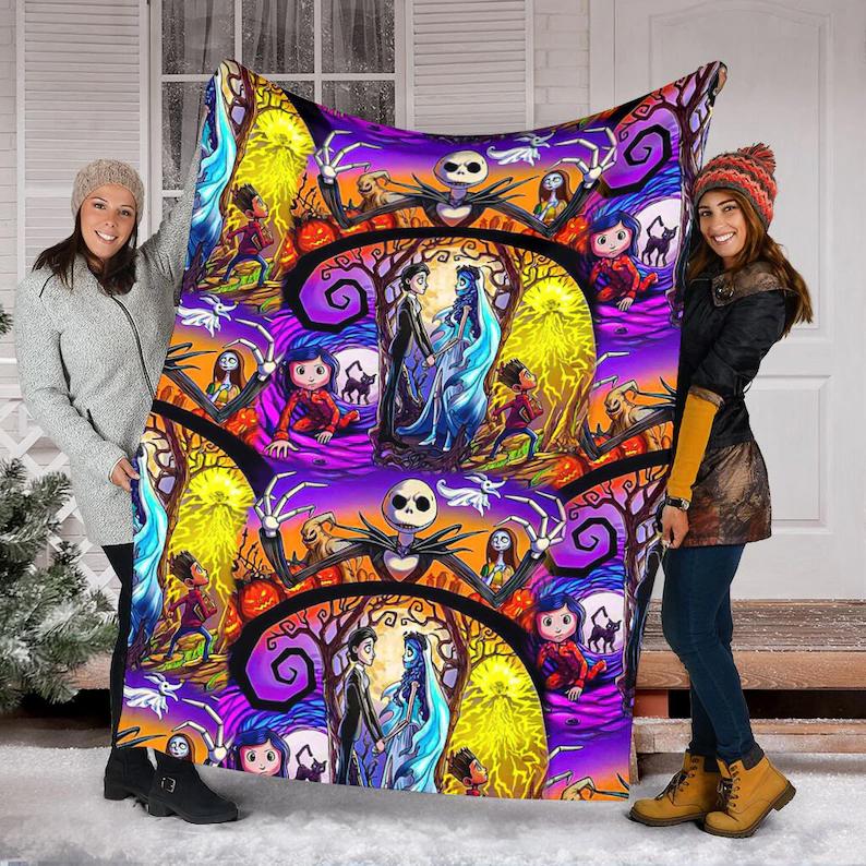 Halloween decorations halloween tim button  blanket, halloween day gift, tim burton family fleece blanket, addams family blanket, nightmare before christmas gift Quilt Blanket