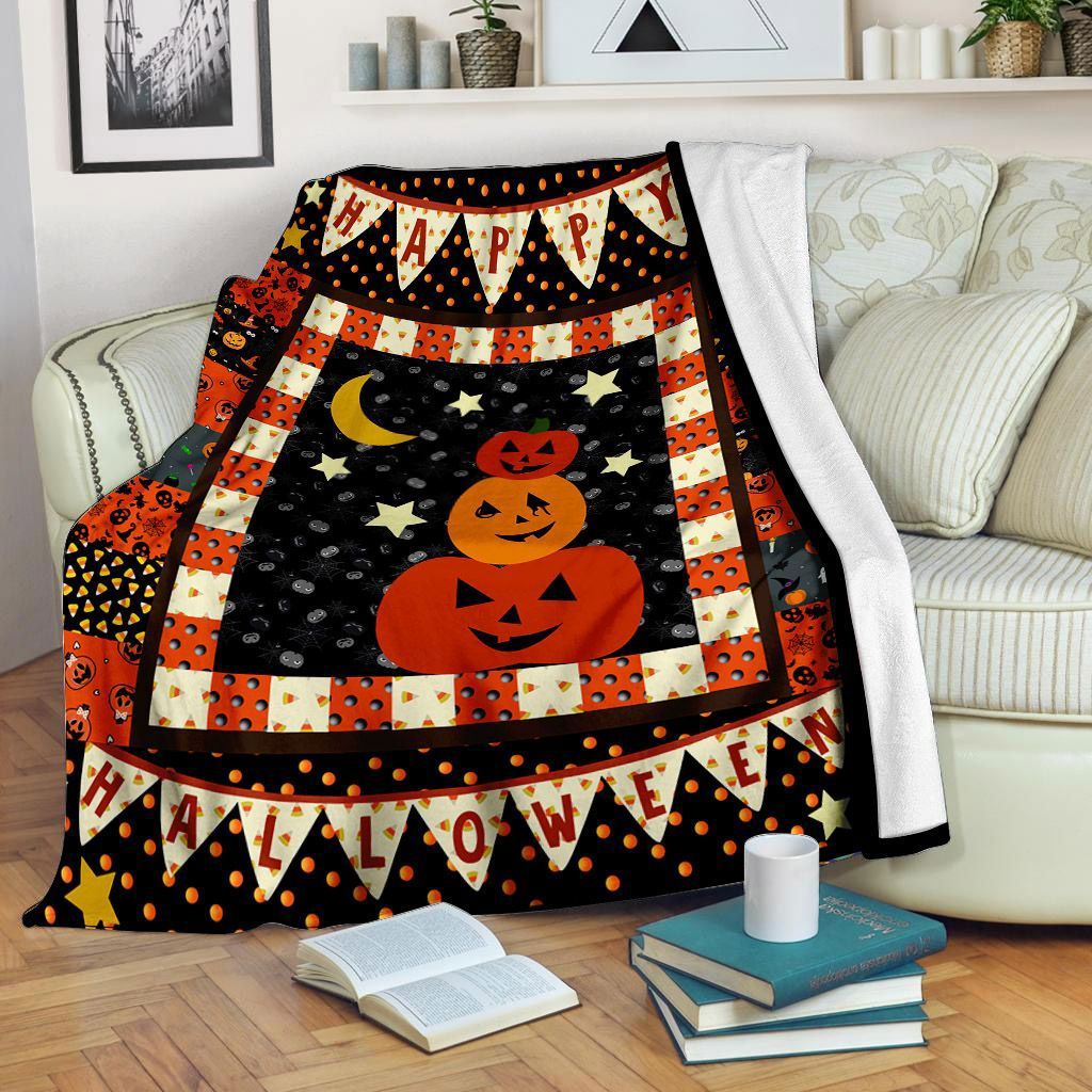Halloween decorations happy halloween – pumpkins under the moon fleece blanket – quilt blanket Quilt Blanket