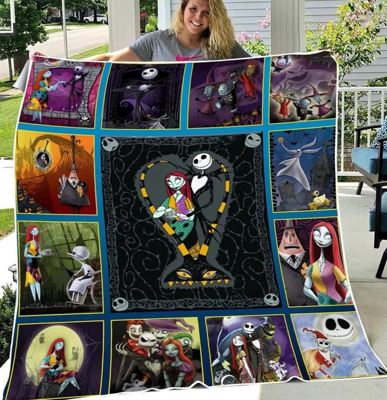 Halloween decorations nightmare before christmas fleece blanket, jack skellington and sally blanket, halloween gifts, christmas gifts, valentine day gifts Quilt Blanket