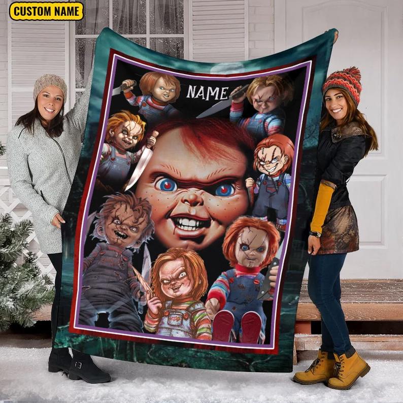 Halloween decorations personalized name chucky blanket, halloween movies character blanket, horror movie blanket, horror movie fleece mink sherpa blanket Quilt Blanket