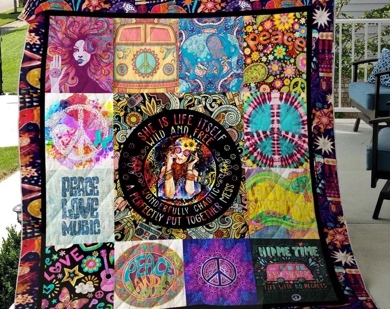 Hippie girl blanket, hippie peace symbol blanket, peace love music blanket, hippie times blanket, birthday gifts, christmas gifts Quilt Blanket