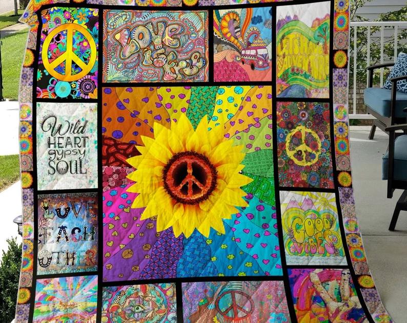 Hippie sunflower fleece blanket, love is free blanket, hippie peace symbol blanket, birthday gifts, christmas gifts Quilt Blanket