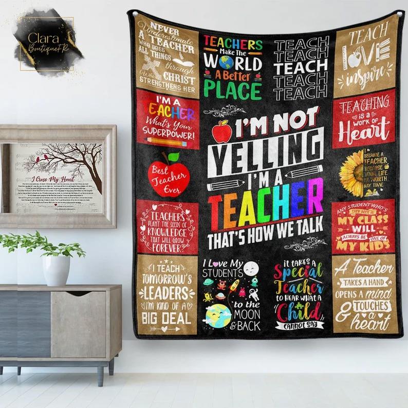 I’m not yelling i’m a teacher that’s show we talk fleece blanket, mink sherpa blanket, sunflower blanket, teaching quilt, teacher gift ideas Quilt Blanket