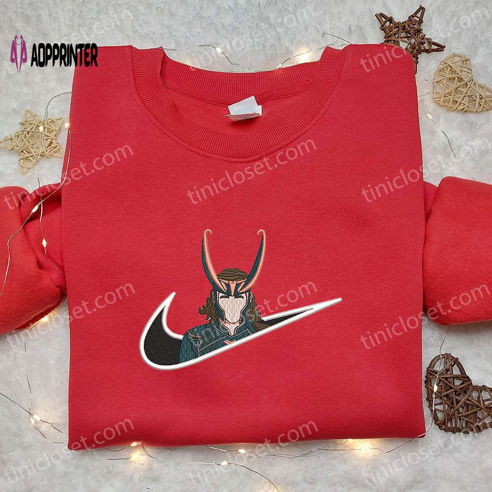 Loki x nike swoosh movie embroidered sweatshirt & marvel universe shirt: nike inspired embroidery Embroidered Shirt