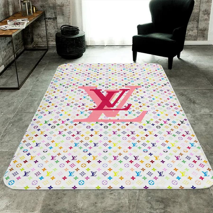 Louis vuitton colorful logo type 489. Upgrade Your Living Room with Luxury Home Decor: Area Carpets, Floor Decor, Door Mats, and Hot Gift Items with style a High-End Fashion Brand Rectangle Rug