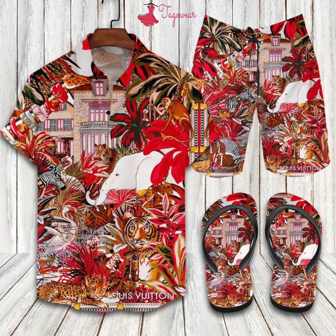 Louis vuitton flip flops and combo hawaiian shirt, beach shorts luxury summer clothes style #385 Hawaii Shirt Shorts & Flip Flops