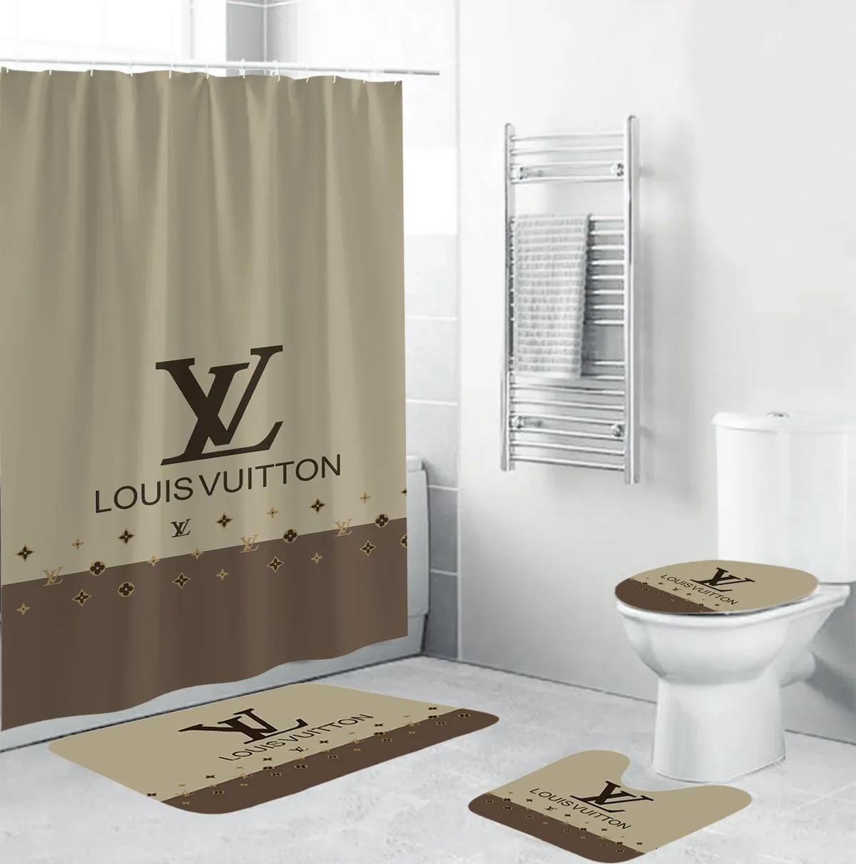 Louis vuitton light grey logo type 451 Bathroom Accessory Sets Home Decor Toilet Cover Bath Mat Set Hypebeast Bathroom Waterproof Shower Curtain Pedestal Rug Luxury Fashion Brand Bathroom Sets