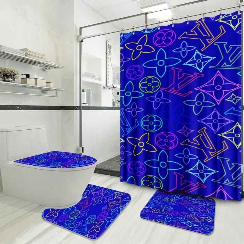 Louis vuitton logo type 576 Bathroom Accessory Sets Toilet Cover Pedestal Rug Bath Mat Set Bathroom Sets Luxury Fashion Brand Home Decor Waterproof Shower Curtain Hypebeast Bathroom