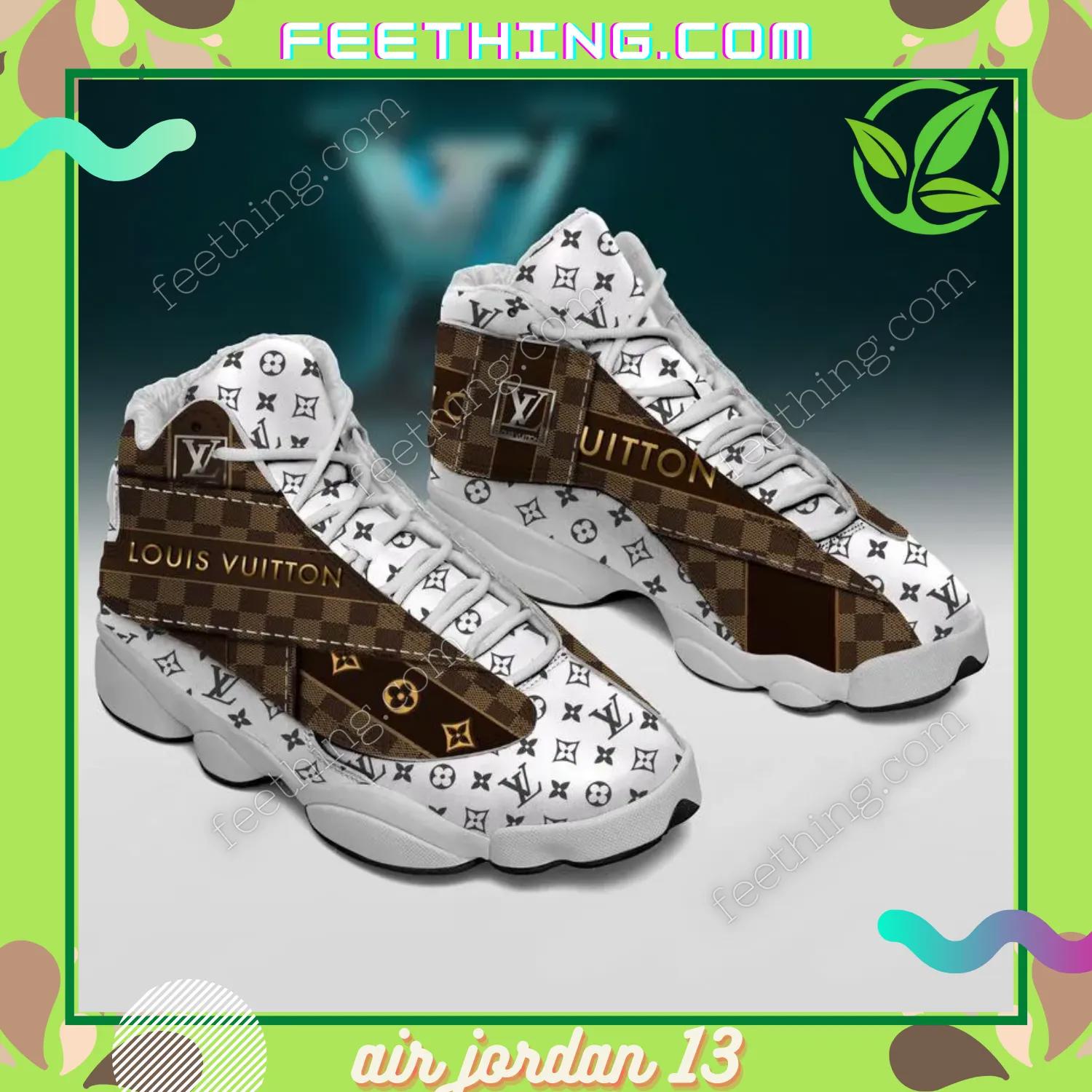 Louis vuitton luxury white background interspersed with dark brown louis vuitton logo Air Jordan 13 Sneakers Gifts For Men Women Shoes For Fans Full Size