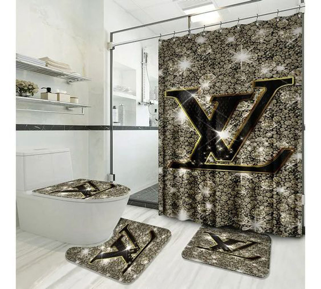 Louis vuitton lv bling logo type 1783 Bathroom Accessory Sets Bathroom Sets Home Decor Waterproof Shower Curtain Luxury Fashion Brand Hypebeast Bathroom Bath Mat Set Toilet Cover Pedestal Rug