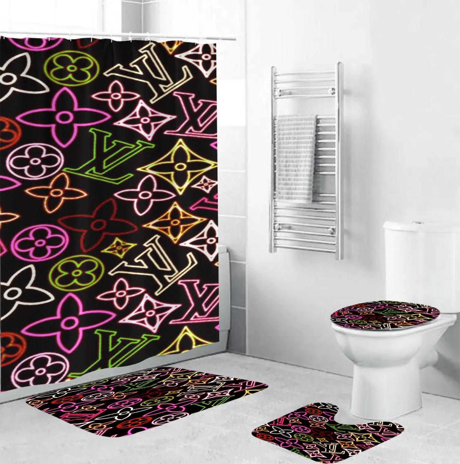 Louis vuitton lv louis vuitton neon monogram in black background bathroom set home decor bath mat luxury fashion brand hypebeast Bathroom Set