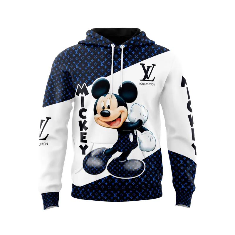 Louis vuitton mickey mouse blue logo black white unisex hoodie outfit for men women luxury brand clothing special gift Hoodie 3D