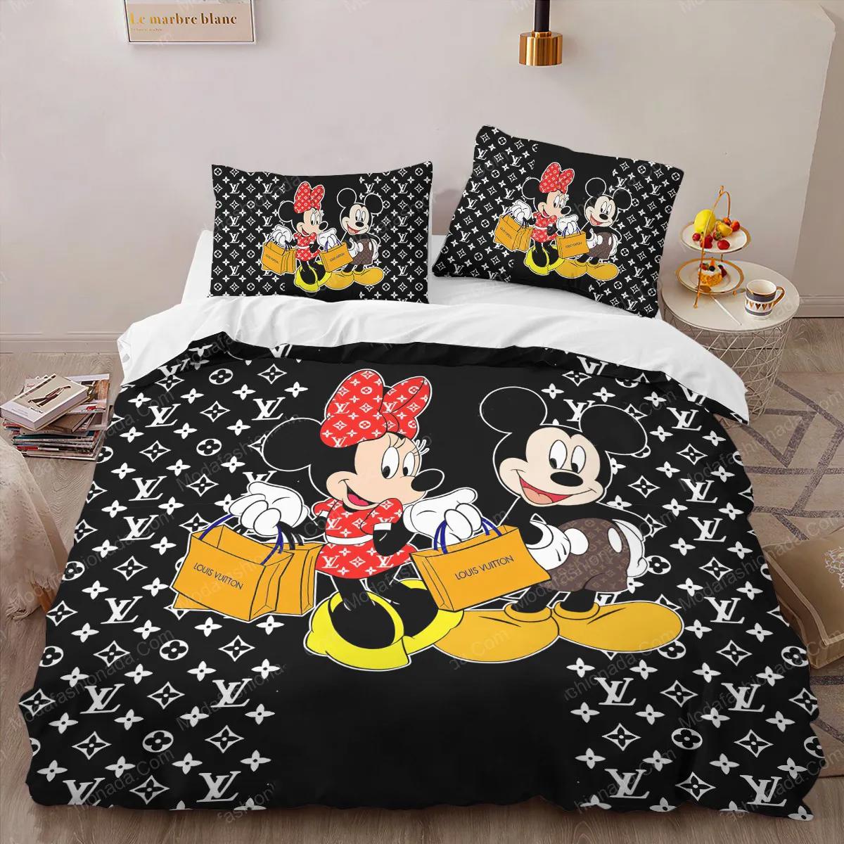 Louis vuitton mickey mouse luxury brand bedding sets bedspread duvet cover set best luxury bed sets gift thankgivings and christmas Bedding Sets