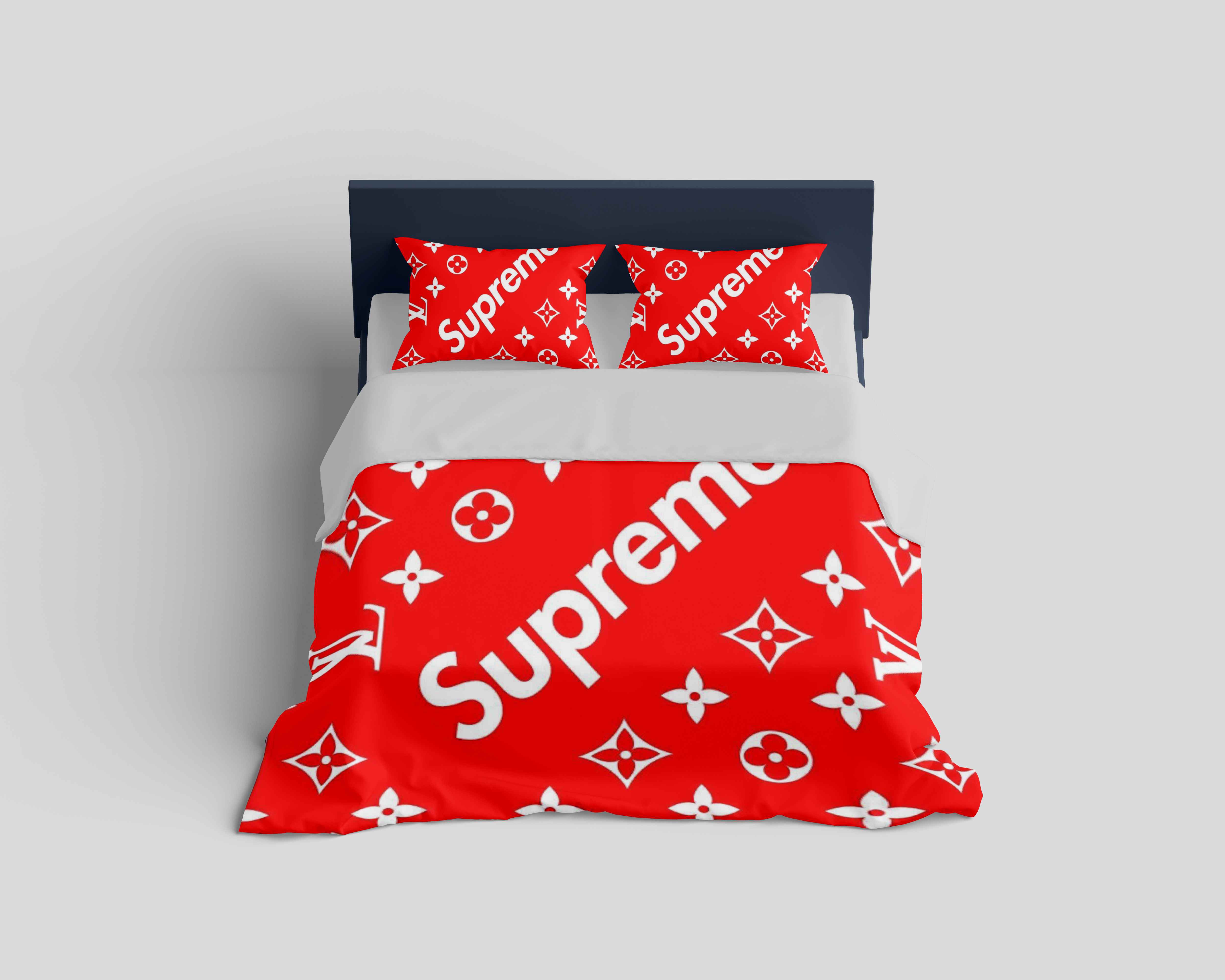Louis vuitton supreme red logo type 154 Bedding Sets duvet bedspread bedclothes sheets premium fashion brand covers home decor blankets bed linen luxury ideas hyperbeast Bedroom