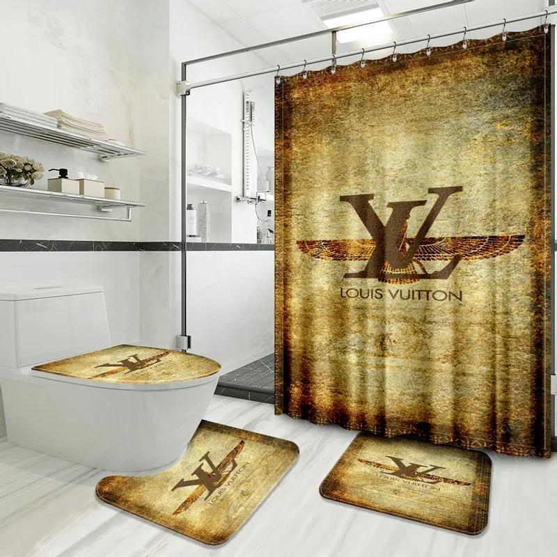 Lv louis vuitton logo type 815 Bathroom Accessory Sets Pedestal Rug Bathroom Sets Toilet Cover Hypebeast Bathroom Luxury Fashion Brand Bath Mat Set Home Decor Waterproof Shower Curtain
