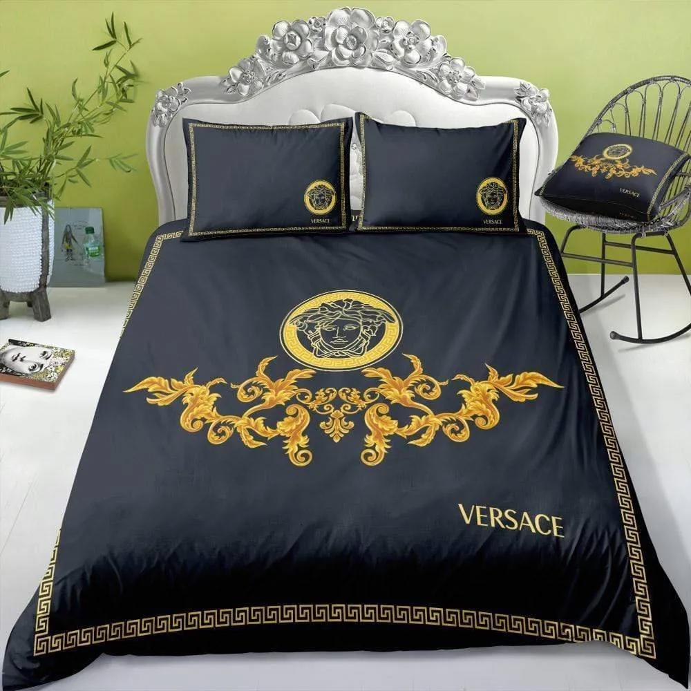 Medusa golden pattern black versace bedding sets luxury brand bed sets, bedroom sets, comforter sets, duvet cover, bedspread for home decor trending 2023 for home Bedding Sets