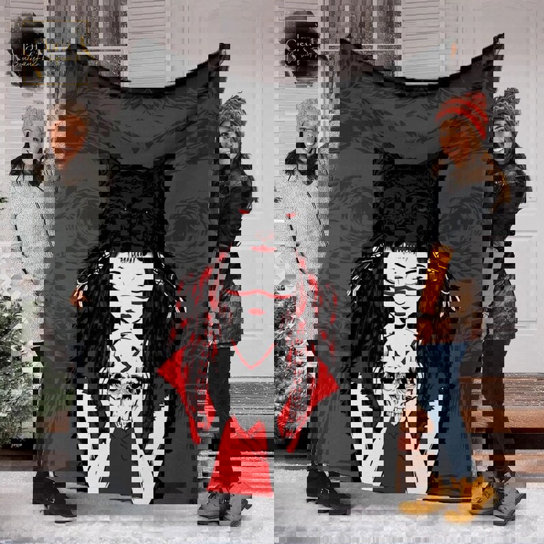 Native american native girl with wolf skull fleece blanket, mink sherpa blanket, native american quilt, native wolf quilt Quilt Blanket