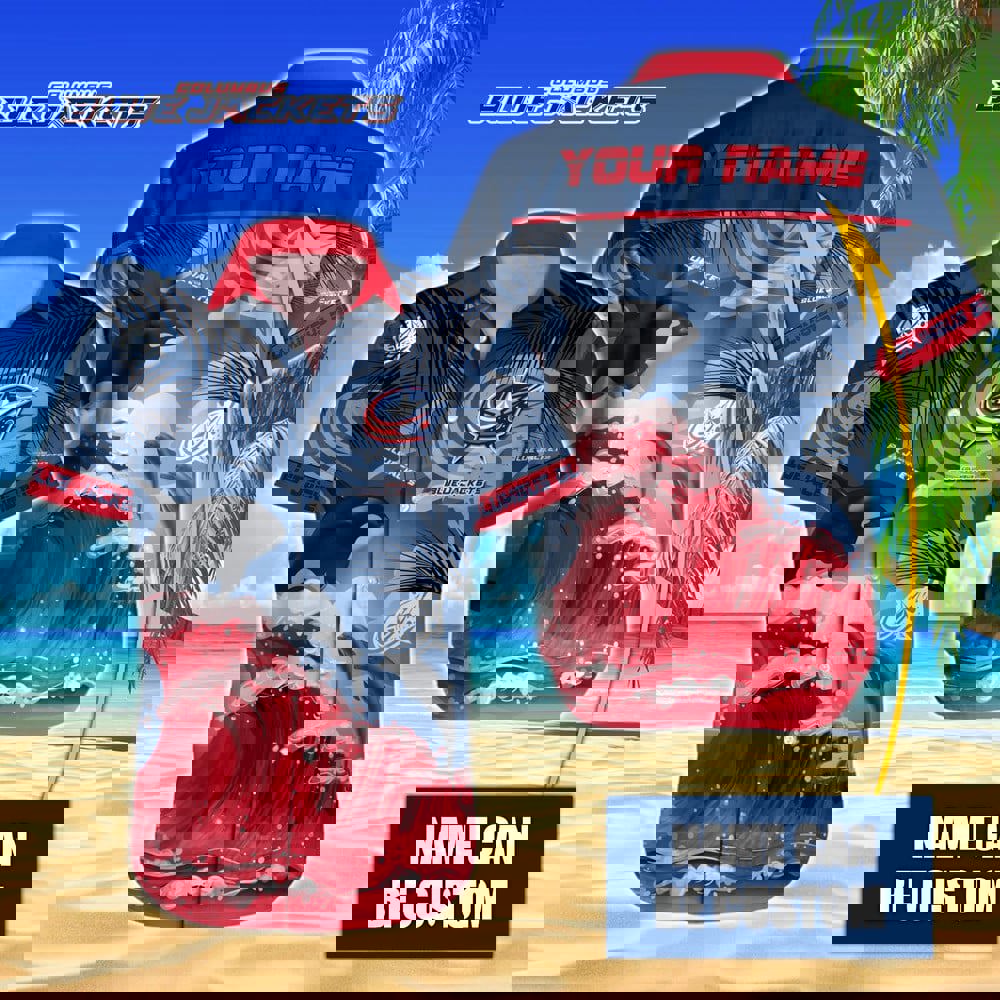 Nhl columbus blue jacketss hawaiian design with orca and waves button shirt Hawaii Shirt Shorts & Flip Flops