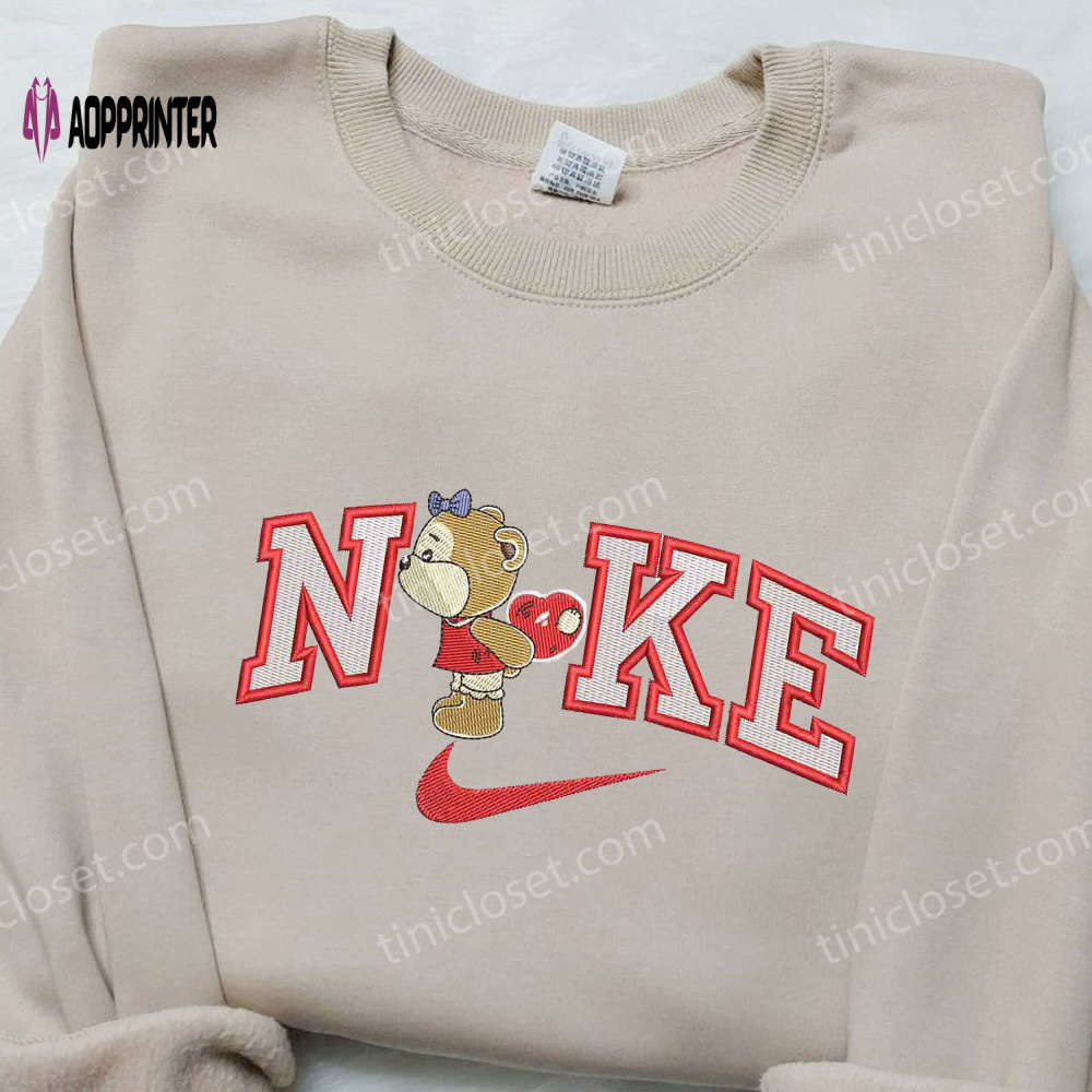 Nike embroidered shirt – bear bring heart x swoosh cartoon design Embroidered Shirt