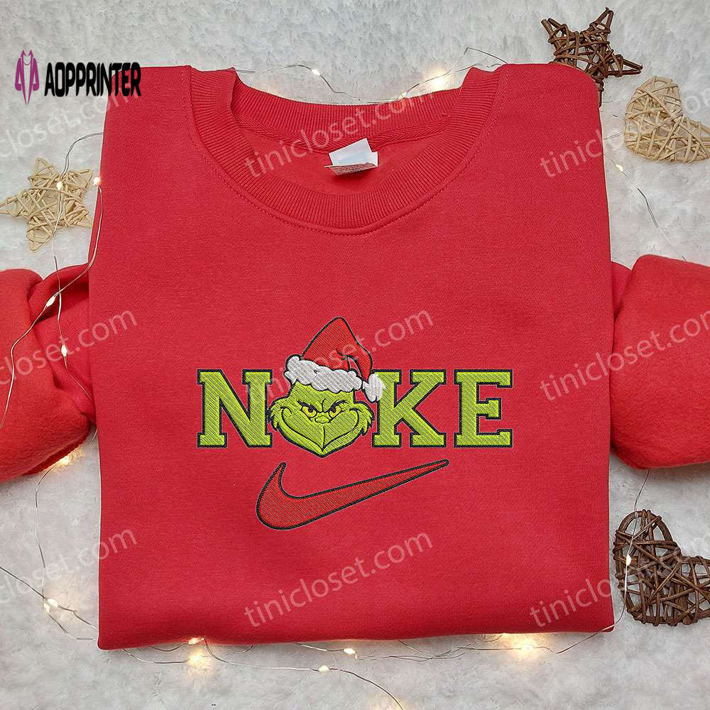 Nike x grinch christmas hat shirt: festive embroidery & best gift for holidays! Embroidered Shirt