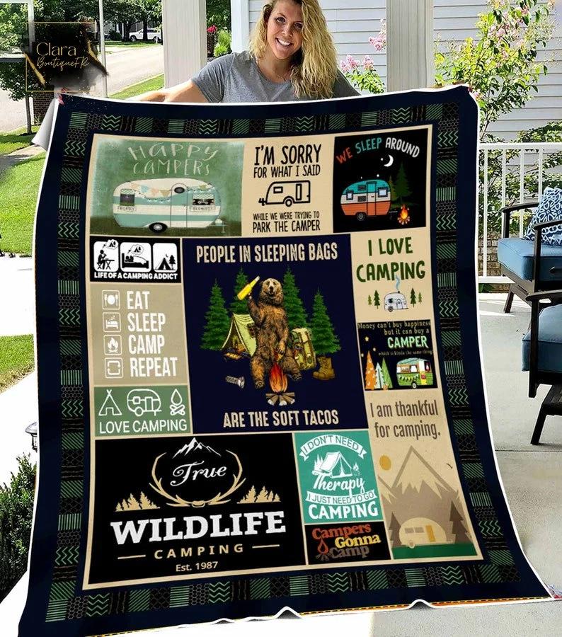 People in sleeping bags are the soft tacos fleece blanket, mink sherpa blanket, eat sleep camp repeat quilt, camping home decor Quilt Blanket