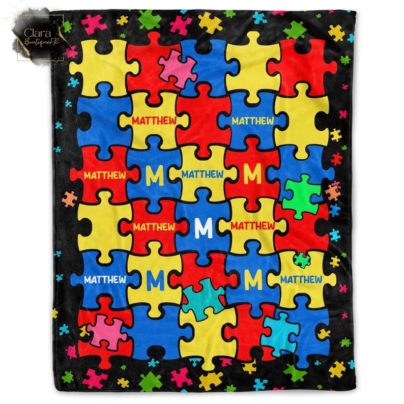 Personalized autism blanket puzzle cure autism awareness fleece blanket, mink sherpa blanket, puzzle piece quilt Quilt Blanket