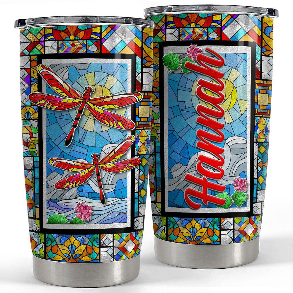Personalized dragonfly tumbler stained glass drawing Personalized Tumbler