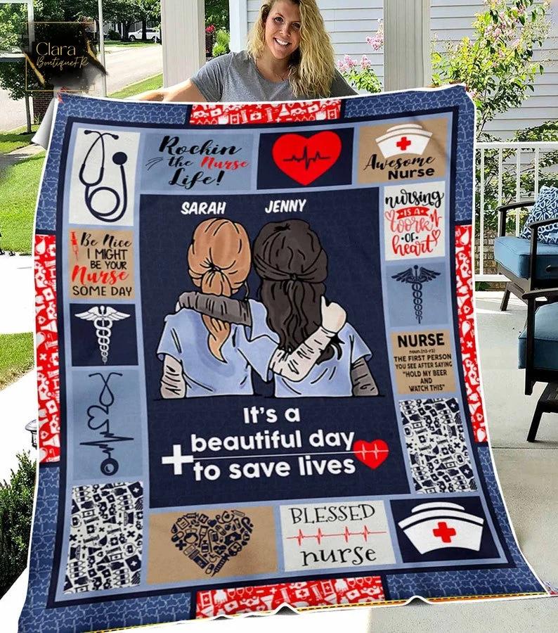 Personalized name it's a beautiful day to save lives fleece blanket, mink sherpa blanket, nurse mom blanket, nurse week gift Quilt Blanket