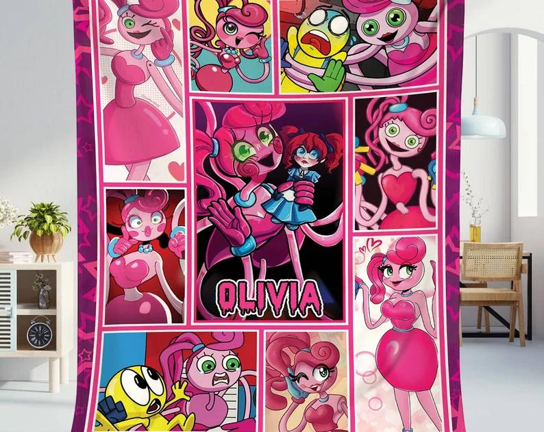 Personalized poppy playtime fleece blanket, kissy missy throw blanket for couch sofa, custom kids blanket Quilt Blanket