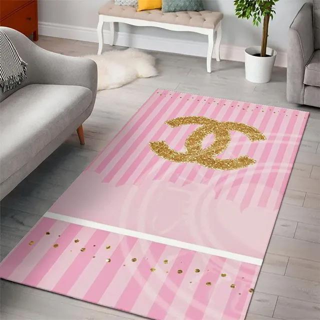 Rugs in living room and bedroom - Chanel pinky golden logo luxury fashion luxury brand premium rug carpet for living room home decoration Rectangle Rug