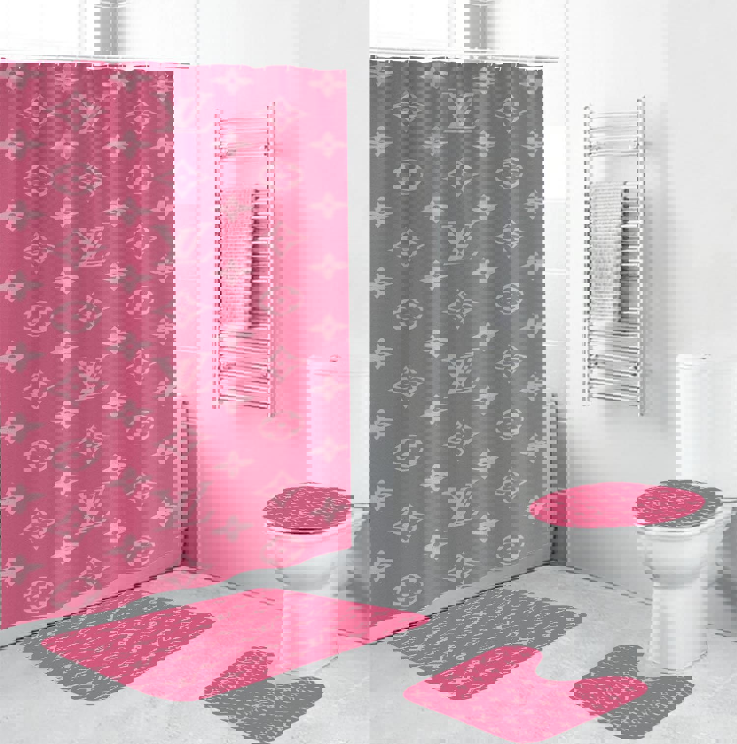 Rugs in living room and bedroom - Louis vuitton lv pink bathroom set hot 2023 luxury shower curtain bath rug mat home decor 105 Bathroom Accessory Sets