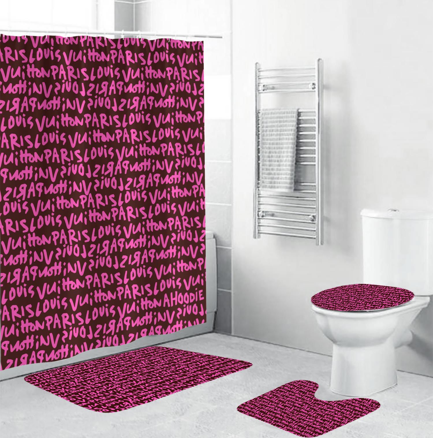 Rugs in living room and bedroom - Louis vuitton lv pink bathroom set hot 2023 luxury shower curtain bath rug mat home decor 97 Bathroom Accessory Sets