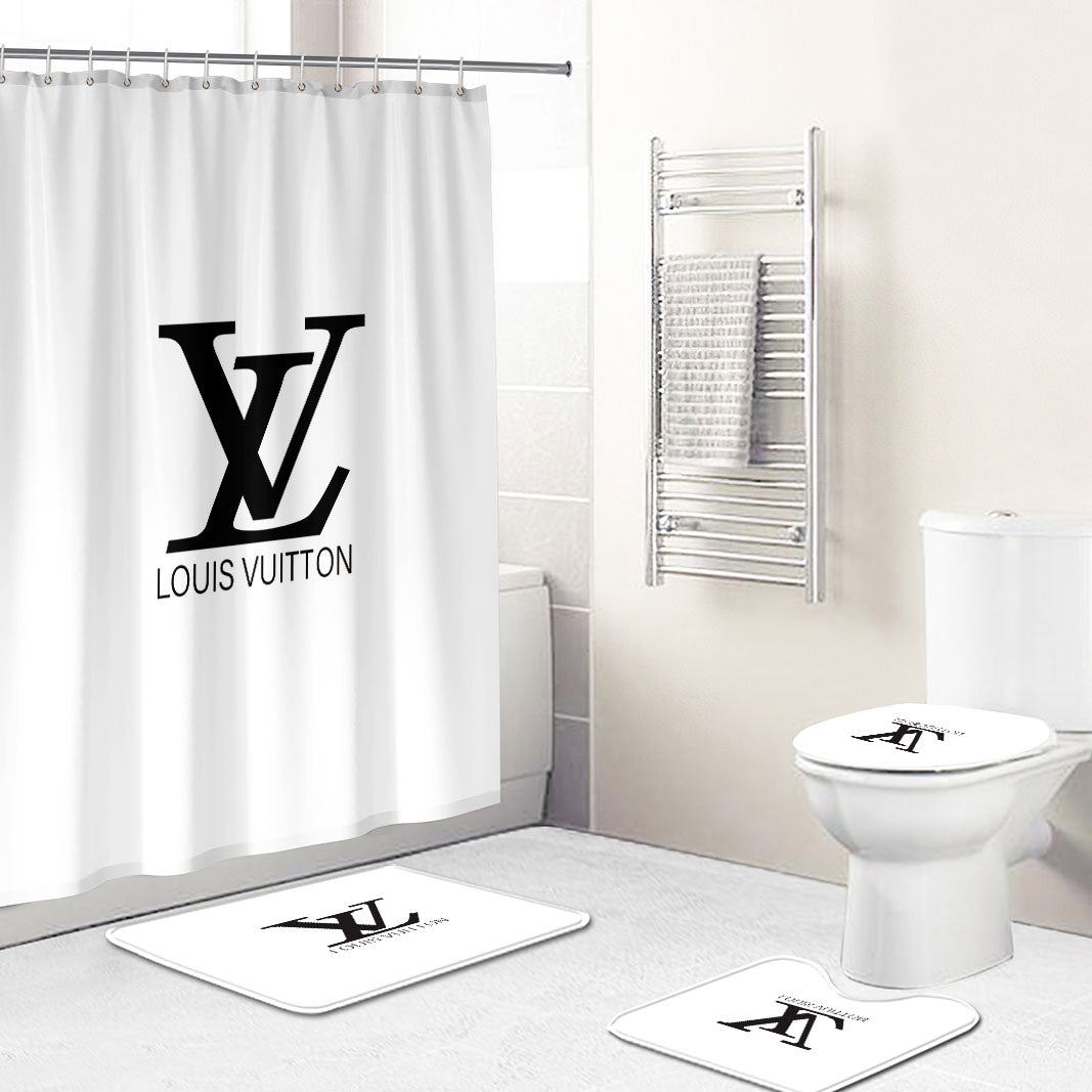Rugs in living room and bedroom - Louis vuitton lv white bathroom set hot 2023 luxury shower curtain bath rug mat home decor 132 Bathroom Accessory Sets