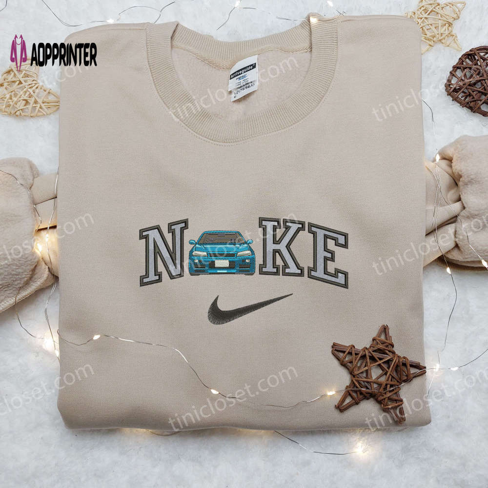 Stylish blue car x nike embroidered shirt – custom stransportation design Embroidered Shirt